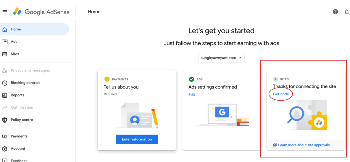 Get the first important code from google adsense.